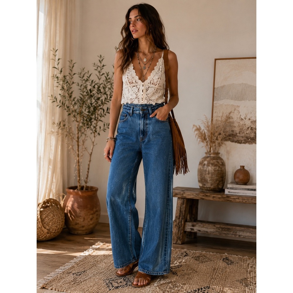 Levis Ribcage Wide Leg Jeans 27 Blue Braided Waist High‎ Rise Denim Boho Western